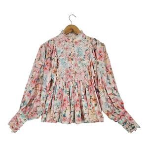 By Timo Babydoll Top XS Butterfly Button Front Eyelet Balloon Sleeve Fairy Boho